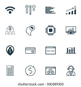 Set Of 16 Universal Editable Icons For Statistics, Project Management And Business Management Topics. Includes Icons Such As Bars Chart, Keyword Optimisation, Market Research And More.