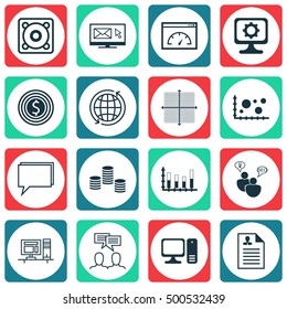Set Of 16 Universal Editable Icons For Statistics, Project Management And Computer Hardware Topics. Includes Icons Such As Money, World, Segmented Bar Graph And More.