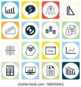 Set Of 16 Universal Editable Icons For Education, Human Resources And Statistics Topics. Includes Icons Such As Business Deal, Fail Graph, Collaborative Solution And More.
