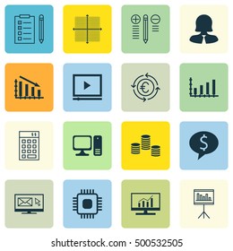 Set Of 16 Universal Editable Icons For Statistics, Marketing And Project Management Topics. Includes Icons Such As Video Player, Decision Making, Graphical Grid And More.