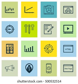 Set Of 16 Universal Editable Icons For Statistics, SEO And Project Management Topics. Includes Icons Such As Money Navigation, Website, Line Up And More.