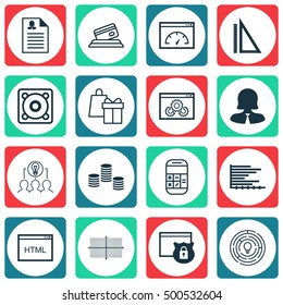Set Of 16 Universal Editable Icons For Statistics, Education And Airport Topics. Includes Icons Such As Credit Card, Music, Website Performance And More.