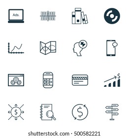 Set Of 16 Universal Editable Icons For Business Management, Statistics And Education Topics. Includes Icons Such As Calculation, Cosinus Diagram, Money And More.