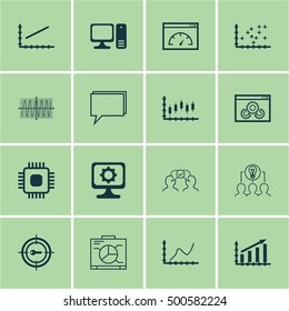 Set Of 16 Universal Editable Icons For Business Management, Computer Hardware And Project Management Topics. Includes Icons Such As Chip, Keyword Marketing, Cooperation And More.