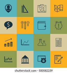 Set Of 16 Universal Editable Icons For Airport, Project Management And Marketing Topics. Includes Icons Such As Board, Stock Market, Measurement And More.