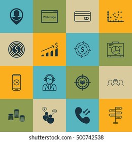 Set Of 16 Universal Editable Icons For Business Management, Advertising And Airport Topics. Includes Icons Such As Board, Money, Operator And More.