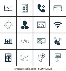Set Of 16 Universal Editable Icons For Travel, Business Management And Computer Hardware Topics. Includes Icons Such As Manager, Cellular Data, Loading Speed And More.