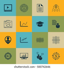 Set Of 16 Universal Editable Icons For Travel, Statistics And Education Topics. Includes Icons Such As Female Application, Money Recycle, Analytics And More.