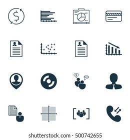 Set Of 16 Universal Editable Icons For Marketing, Travel And Computer Hardware Topics. Includes Icons Such As Questionnaire, Curriculum Vitae, Manager And More.