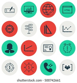 Set Of 16 Universal Editable Icons For Marketing, Project Management And Statistics Topics. Includes Icons Such As Certificate, Coding, Opportunity And More.