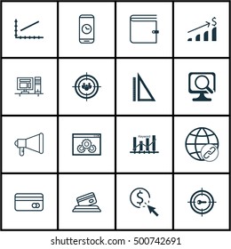 Set Of 16 Universal Editable Icons For Marketing, SEO And Human Resources Topics. Includes Icons Such As Plastic Card, Measurement, Announcement And More.