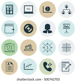 Set Of 16 Universal Editable Icons For Airport, Marketing And Education Topics. Includes Icons Such As Analytics, Wallet, Financial And More.