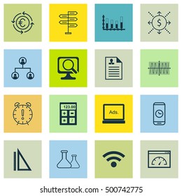 Set Of 16 Universal Editable Icons For Education, Travel And Human Resources Topics. Includes Icons Such As Digital Media, Money, Currency Recycle And More.