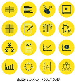 Set Of 16 Universal Editable Icons For Business Management, Statistics And Project Management Topics. Includes Icons Such As Curriculum Vitae, Changes Graph, Paper And More.