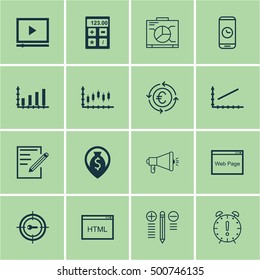 Set Of 16 Universal Editable Icons For SEO, Statistics And Marketing Topics. Includes Icons Such As Board, Keyword Marketing, Video Player And More.