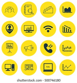 Set Of 16 Universal Editable Icons For SEO, Marketing And Project Management Topics. Includes Icons Such As Digital Media, Market Research, Changes Graph And More.