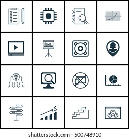 Set Of 16 Universal Editable Icons For Business Management, Project Management And Airport Topics. Includes Icons Such As Video Player, Collaborative Solution, Chip And More.