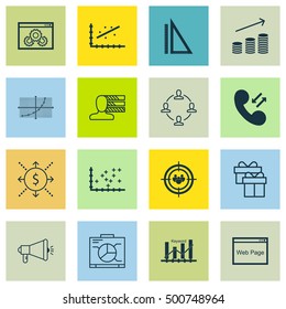 Set Of 16 Universal Editable Icons For Marketing, SEO And Airport Topics. Includes Icons Such As Cellular Data, Keyword Optimisation, Website Performance And More.