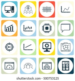 Set Of 16 Universal Editable Icons For Project Management, Education And SEO Topics. Includes Icons Such As PC, Website Performance, Desktop Computer And More.