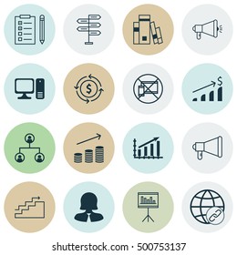 Set Of 16 Universal Editable Icons For Project Management, Education And Airport Topics. Includes Icons Such As Opportunity, Coins Growth, Announcement And More.