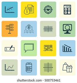 Set Of 16 Universal Editable Icons For Business Management, Computer Hardware And SEO Topics. Includes Icons Such As Graphical Grid, Laptop, Fail Graph And More.