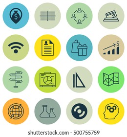 Set Of 16 Universal Editable Icons For Project Management, Advertising And Airport Topics. Includes Icons Such As World, Board, Brain Process And More.