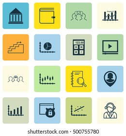 Set Of 16 Universal Editable Icons For Education, Statistics And Marketing Topics. Includes Icons Such As Wallet, Education Center, Keyword Optimisation And More.