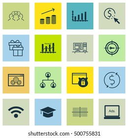 Set Of 16 Universal Editable Icons For Computer Hardware, Business Management And SEO Topics. Includes Icons Such As Keyword Marketing, PPC, Dynamics And More.