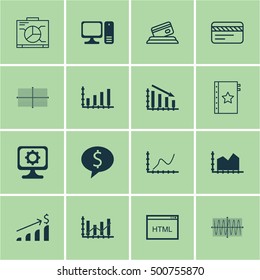 Set Of 16 Universal Editable Icons For Project Management, Computer Hardware And Travel Topics. Includes Icons Such As Sinus Graph, Bank Card, Raise Diagram And More.
