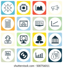 Set Of 16 Universal Editable Icons For Computer Hardware, Airport And Education Topics. Includes Icons Such As Laptop, Chip, Media Campaign And More.