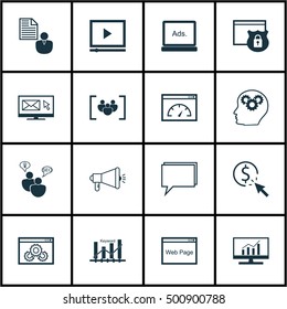 Set Of 16 Universal Editable Icons For SEO, Advertising And Marketing Topics. Includes Icons Such As Website Performance, Loading Speed, Keyword Optimisation And More.