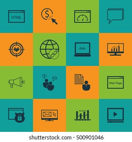 Set Of 16 Universal Editable Icons For Advertising, SEO And Marketing Topics. Includes Icons Such As Report, Loading Speed, Connectivity And More.