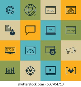 Set Of 16 Universal Editable Icons For SEO, Advertising And Marketing Topics. Includes Icons Such As Security, Questionnaire, Report And More.