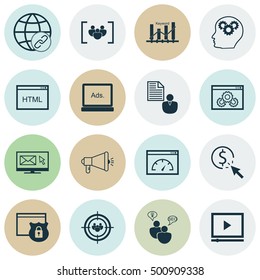 Set Of 16 Universal Editable Icons For Marketing, SEO And Advertising Topics. Includes Icons Such As SEO Brainstorm, Digital Media, Connectivity And More.