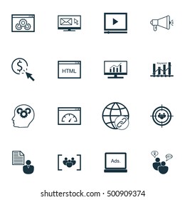 Set Of 16 Universal Editable Icons For Advertising, SEO And Marketing Topics. Includes Icons Such As Keyword Optimisation, PPC, Website Performance And More.