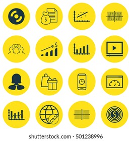 Set Of 16 Universal Editable Icons For Statistics, Computer Hardware And Human Resources Topics. Includes Icons Such As Successful Investment, Dynamics, Video Player And More.