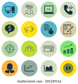 Set Of 16 Universal Editable Icons For Human Resources, Business Management And Travel Topics. Includes Icons Such As Plastic Card, Media Campaign, Cellular Data And More.