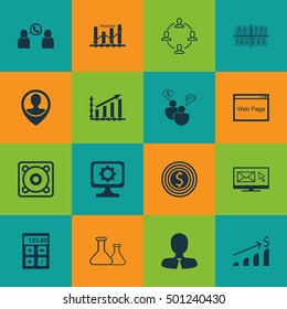 Set Of 16 Universal Editable Icons For SEO, Statistics And Advertising Topics. Includes Icons Such As SEO Brainstorm, Music, Newsletter And More.