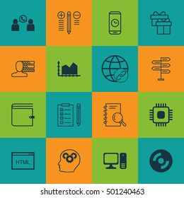 Set Of 16 Universal Editable Icons For Computer Hardware, Statistics And Airport Topics. Includes Icons Such As Brain Process, Phone Conference, Analysis And More.