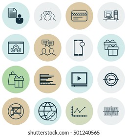 Set Of 16 Universal Editable Icons For Project Management, Marketing And Statistics Topics. Includes Icons Such As Cooperation, Forbidden Mobile, Computer And More.