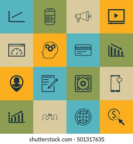 Set Of 16 Universal Editable Icons For Computer Hardware, Statistics And Airport Topics. Includes Icons Such As Music, PPC, Paper And More.