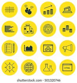 Set Of 16 Universal Editable Icons For Education, Marketing And Project Management Topics. Includes Icons Such As Chemical, Sequence Graphics, Bars Chart And More.