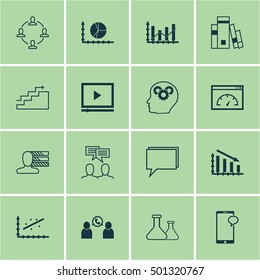 Set Of 16 Universal Editable Icons For Human Resources, Statistics And Education Topics. Includes Icons Such As Analytics, Messaging, Conference And More.