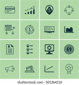 Set Of 16 Universal Editable Icons For Advertising, Marketing And Computer Hardware Topics. Includes Icons Such As Successful Investment, Media Campaign, Money Navigation And More.