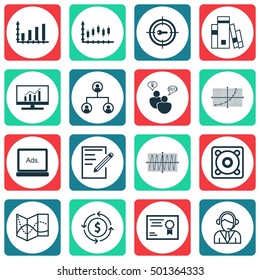 Set Of 16 Universal Editable Icons For Statistics, Computer Hardware And Airport Topics. Includes Icons Such As Operator, Cosinus Diagram, Stock Market And More.