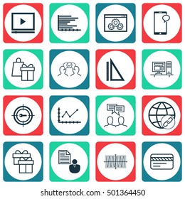 Set Of 16 Universal Editable Icons For Human Resources, Advertising And Statistics Topics. Includes Icons Such As Changes Graph, Computer, Video Player And More.