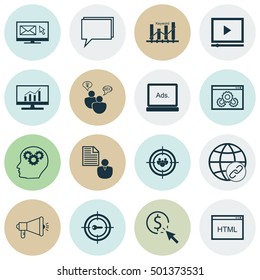 Set Of 16 Universal Editable Icons For Advertising, Marketing And SEO Topics. Includes Icons Such As Digital Media, Conference, Connectivity And More.