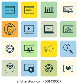 Set Of 16 Universal Editable Icons For SEO, Advertising And Marketing Topics. Includes Icons Such As Coding, Keyword Optimisation, Market Research And More.