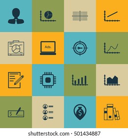 Set Of 16 Universal Editable Icons For Statistics, Computer Hardware And Education Topics. Includes Icons Such As Line Up, Money Navigation, Sequence Graphics And More.