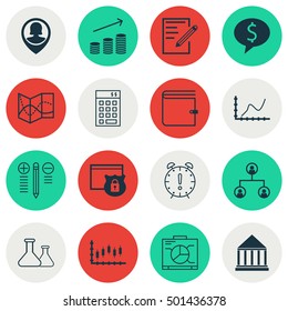 Set Of 16 Universal Editable Icons For Education, Statistics And SEO Topics. Includes Icons Such As Board, Coins Growth, Achievement Graph And More